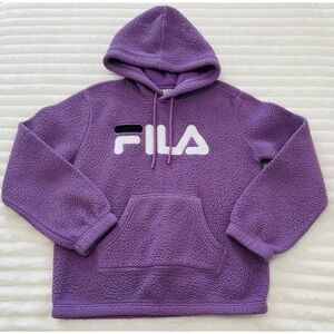 FILA Womens Sporty Athletic Purple Sherpa Hoodie Jacket Pullover Relaxed Fit "S"
